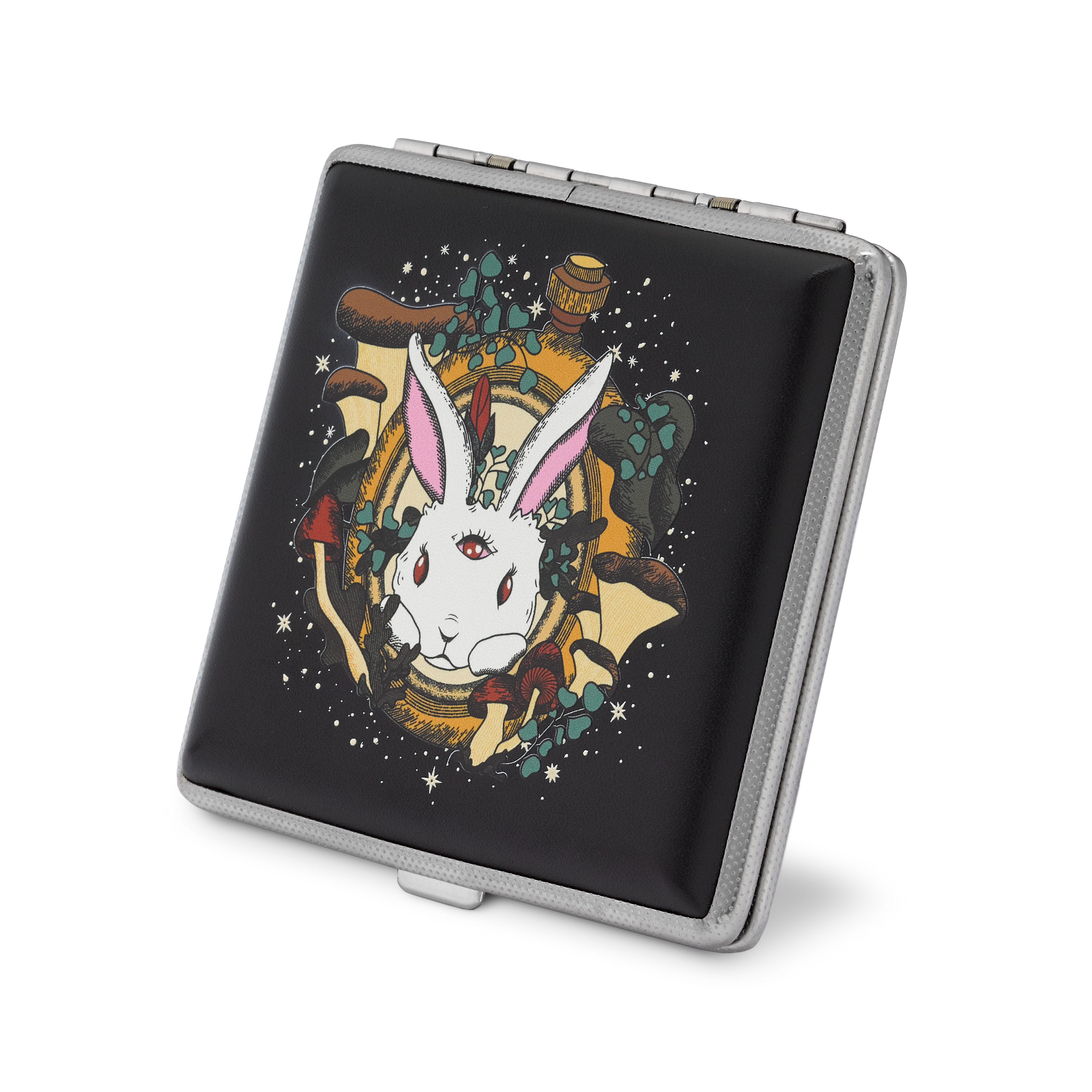 Chasing Rabbits stash case by Ella, black case with psychedelic white rabbit art