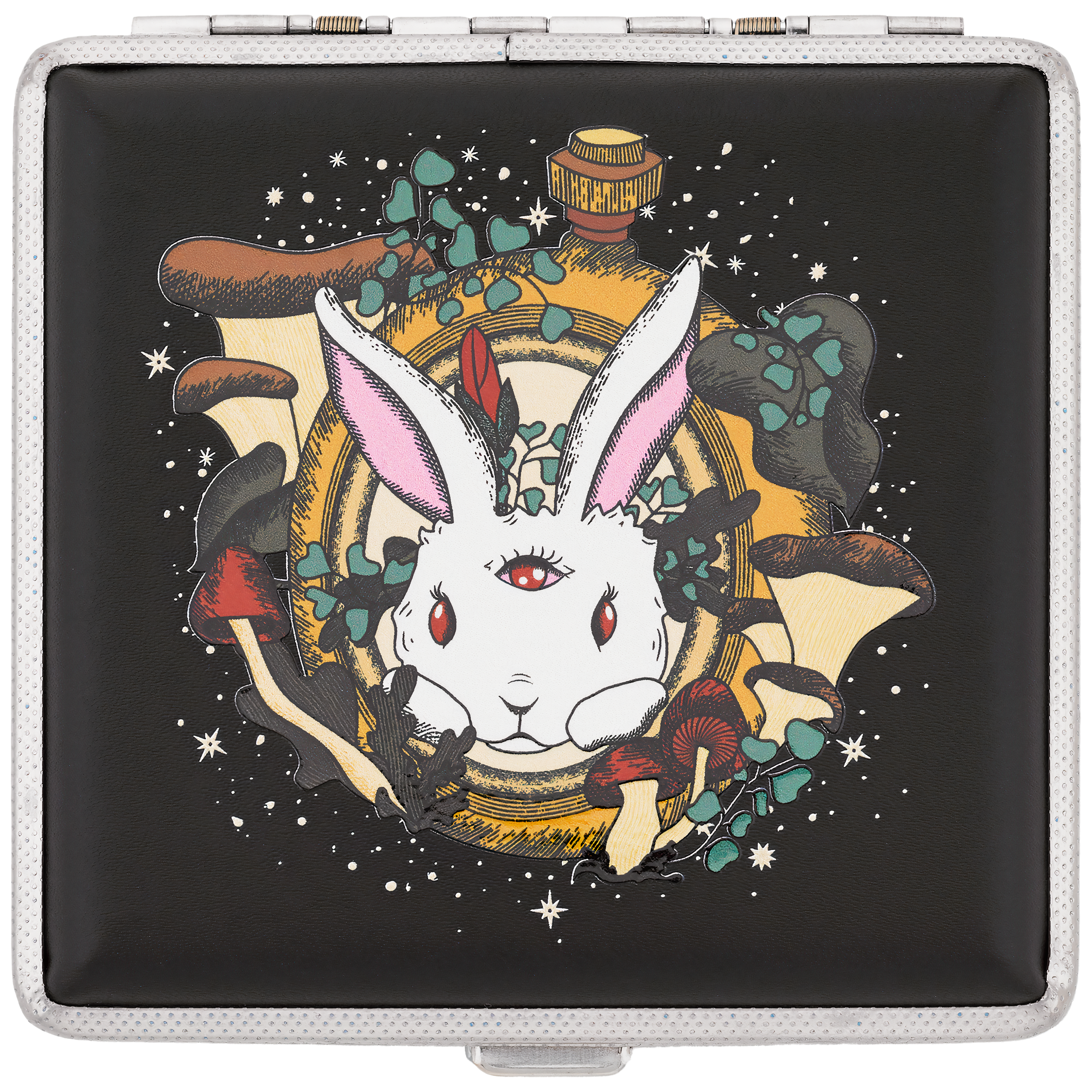 Chasing Rabbits stash case by Ella, black case with psychedelic white rabbit design