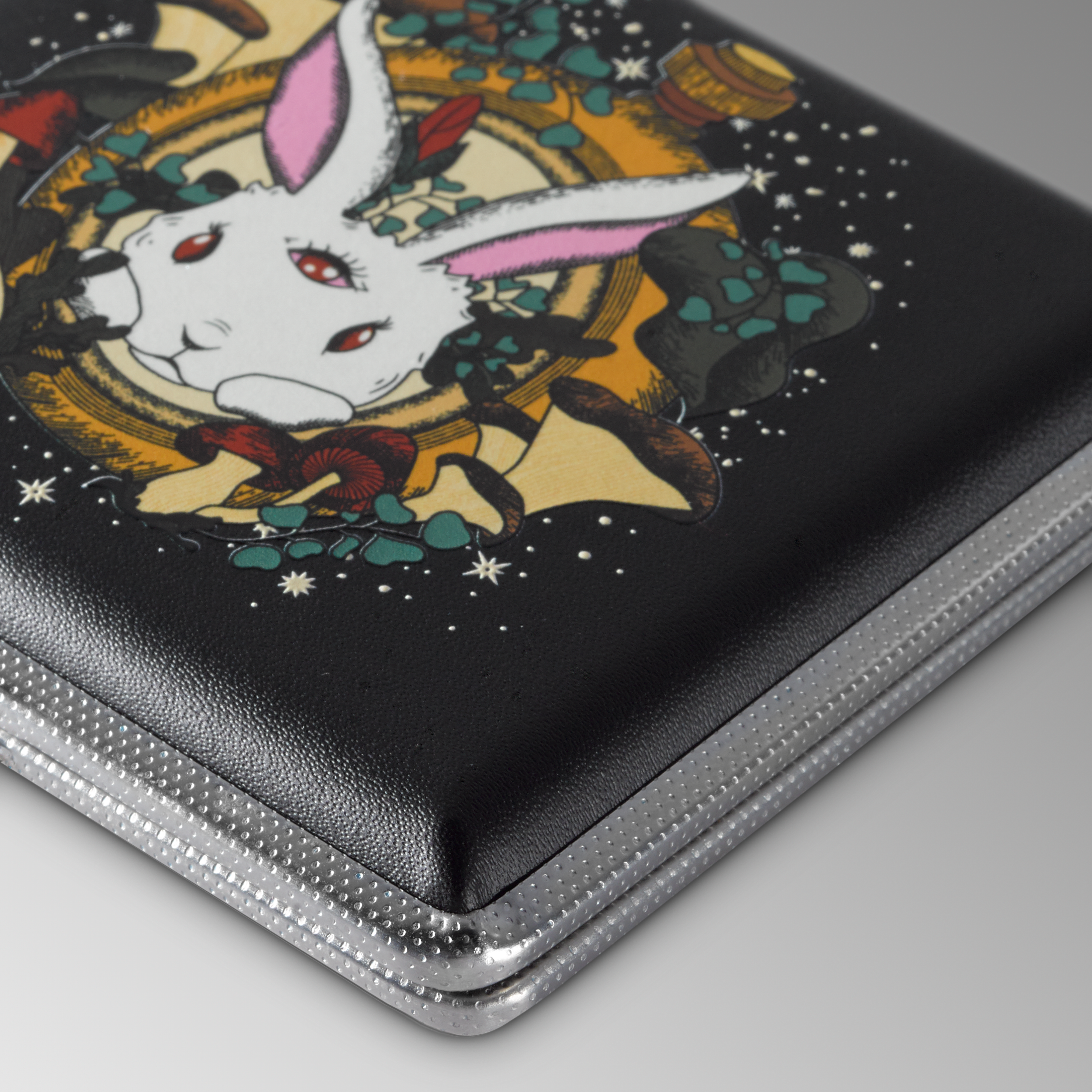 Chasing Rabbits stash case by Ella, close-up of the psychedelic rabbit artwork