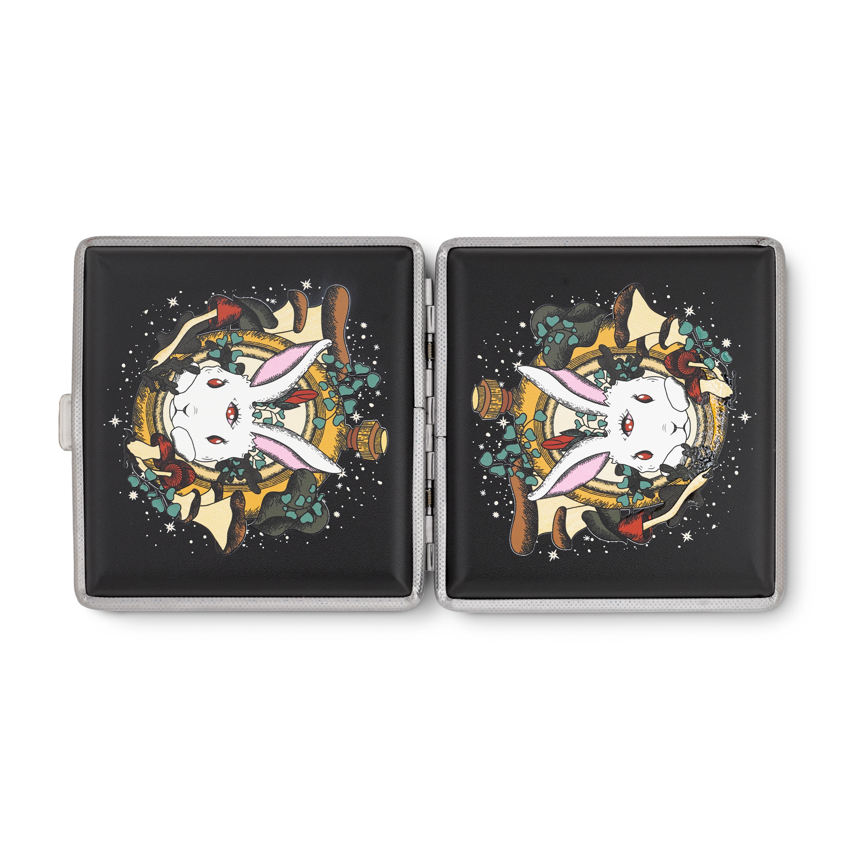 Chasing Rabbits stash case by Ella, open case with two psychedelic rabbit panels