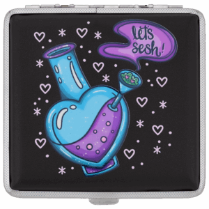 Let's Sesh stash case by Tarryn Ann, black case with blue potion bong artwork