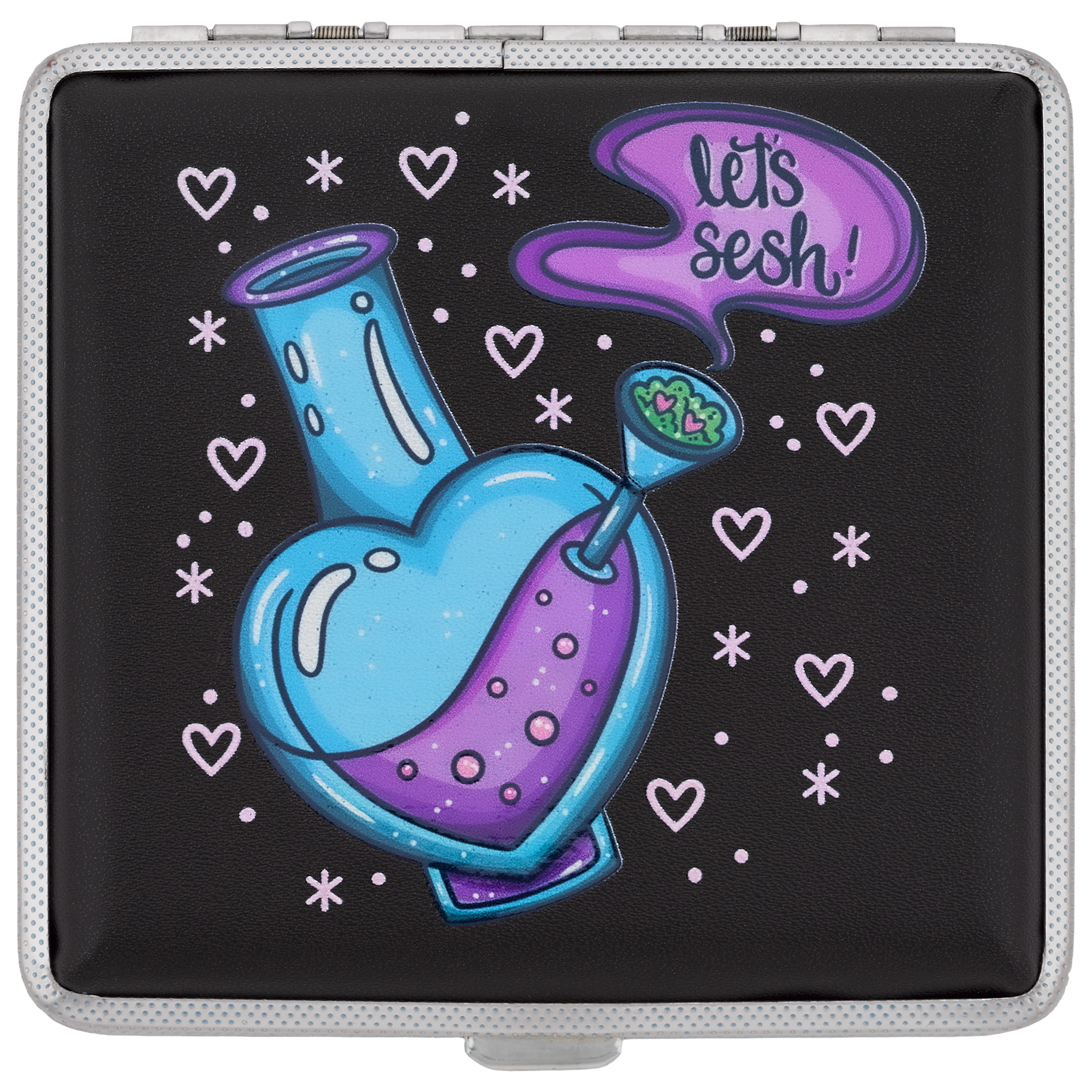 Let's Sesh stash case by Tarryn Ann, black case with blue potion bong artwork