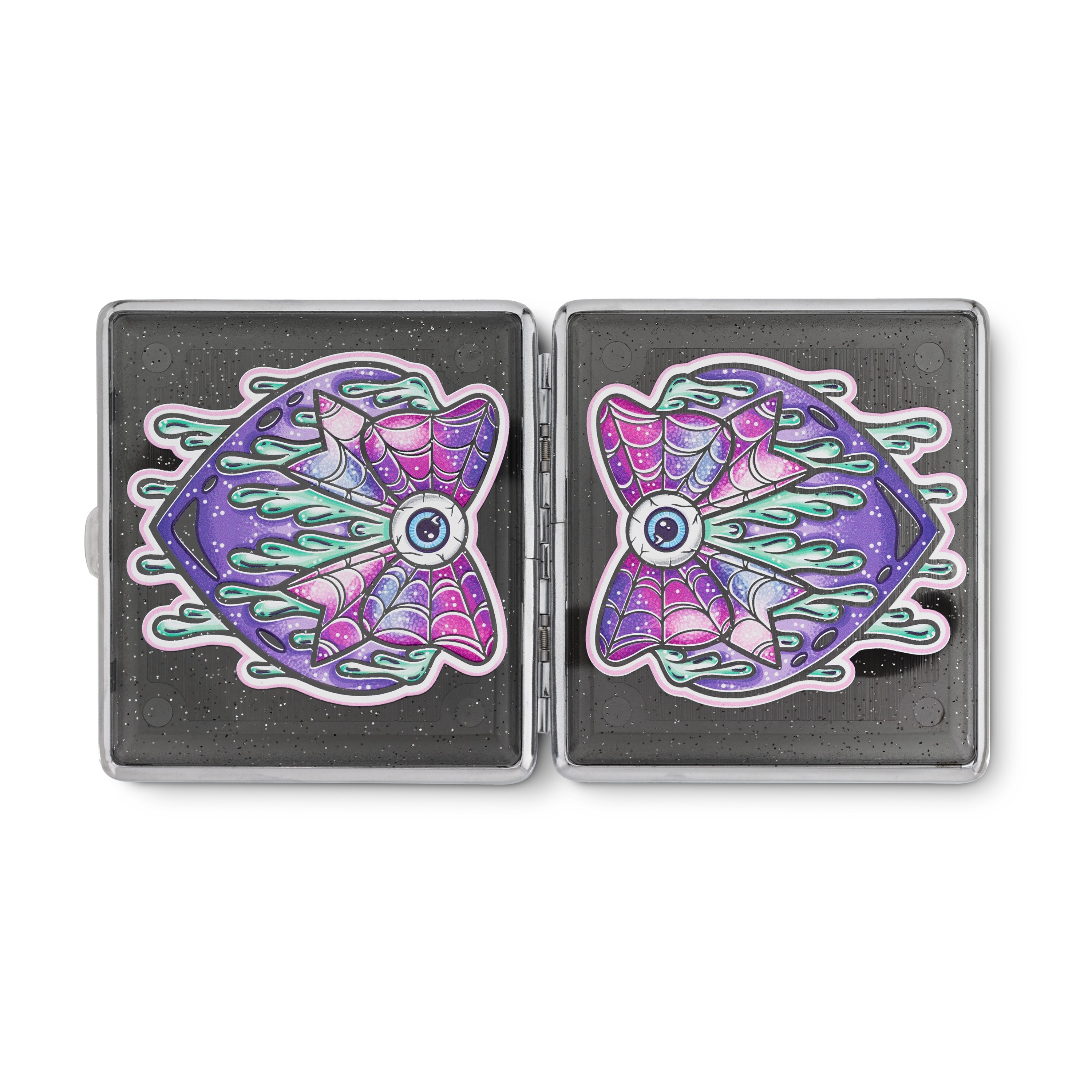 Black Sparkle Eye Love You to Death stash case, open with two winged eye panels
