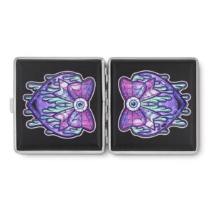 Black Eye Love You to Death stash case by Cannabitches, open with skeleton art panels