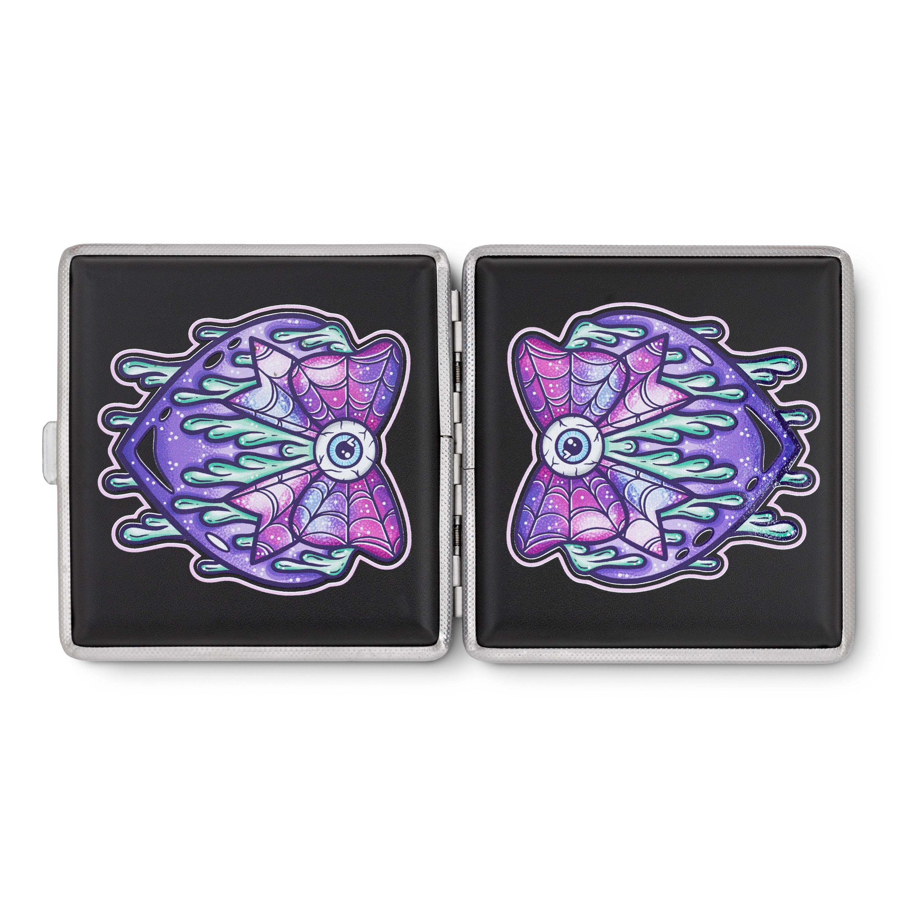 Black Eye Love You to Death stash case by Cannabitches, open with skeleton art panels