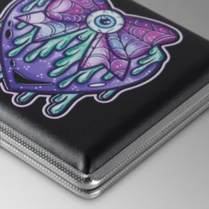 Black Eye Love You to Death stash case by Cannabitches, angled view of skeleton lid