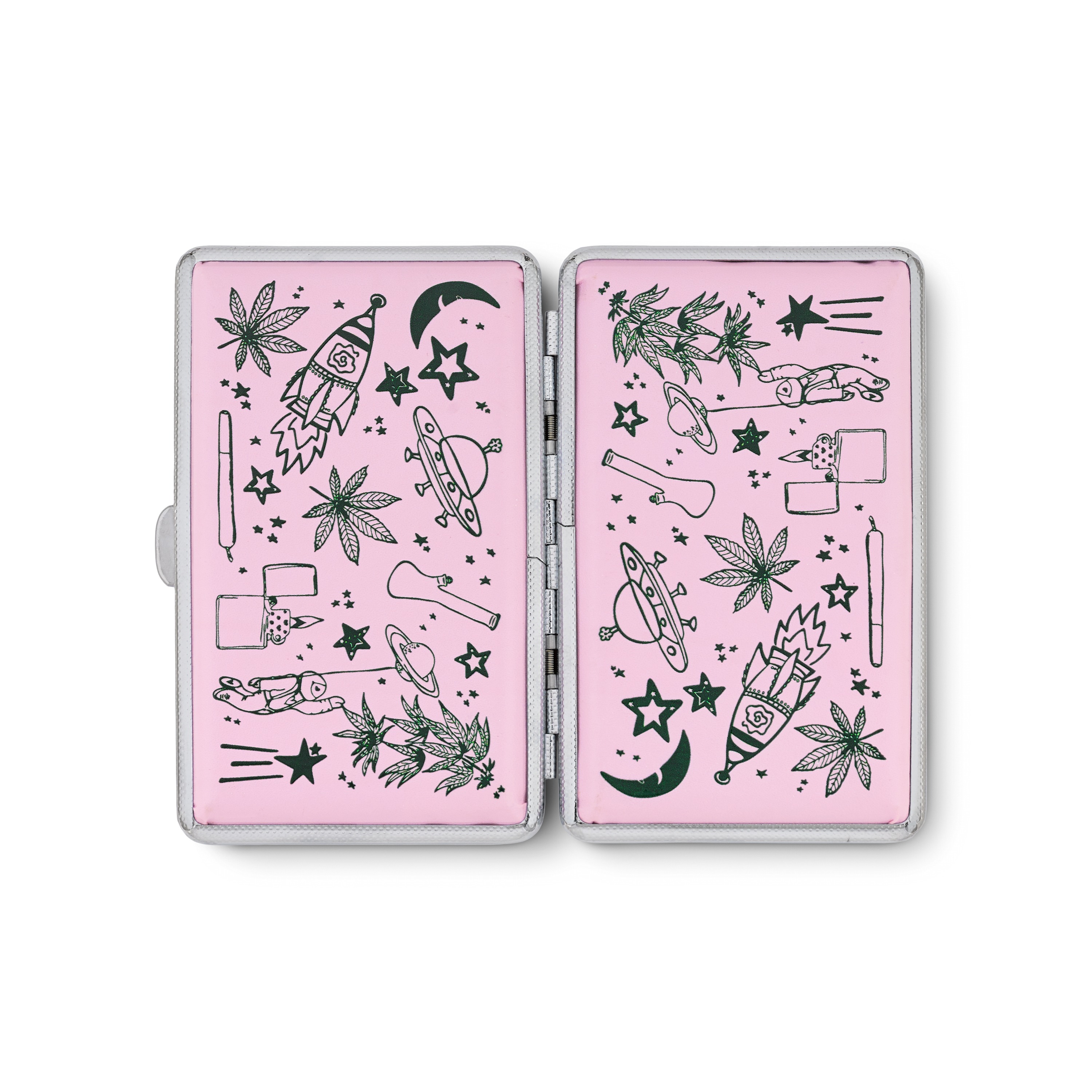 Feelin' Spacey pink stash case by Em Hashh, open faux leather case, cosmic art panels