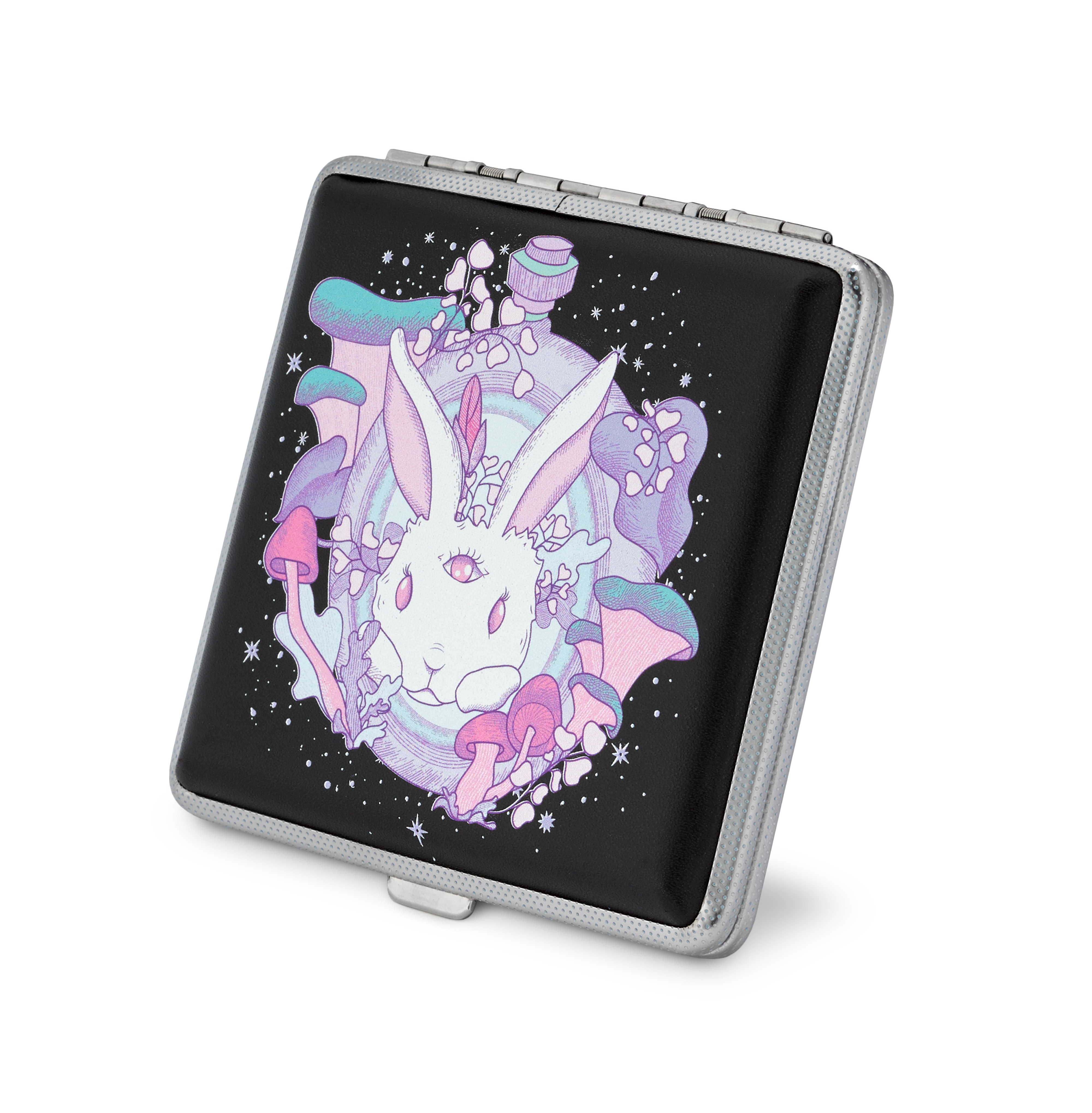 Follow the White Rabbit stash case by Ella, black case with pastel psychedelic bunny