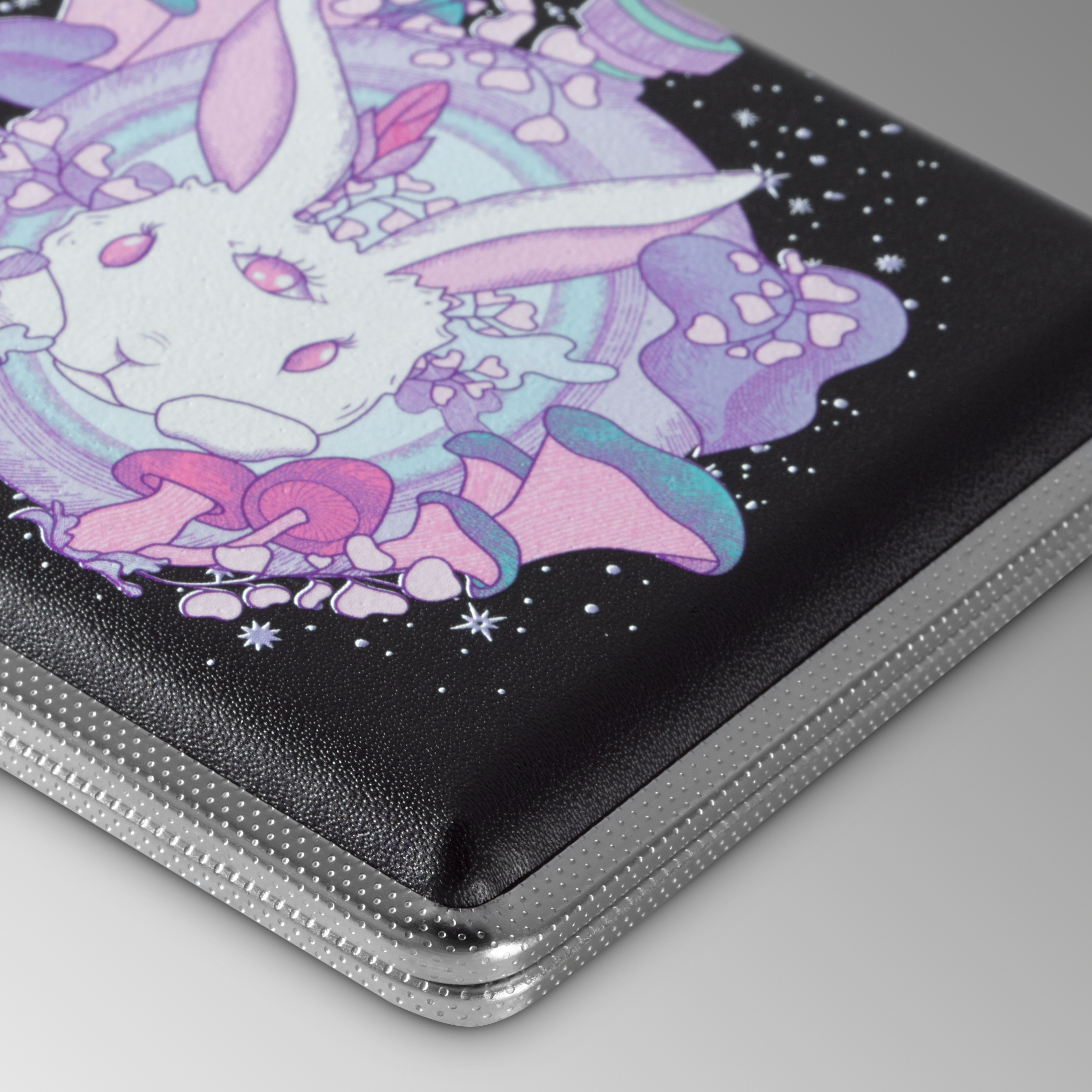 Follow the White Rabbit stash case by Ella, close-up of the pastel bunny artwork