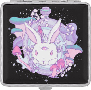 Follow the White Rabbit stash case by Ella, pastel psychedelic bunny on black case