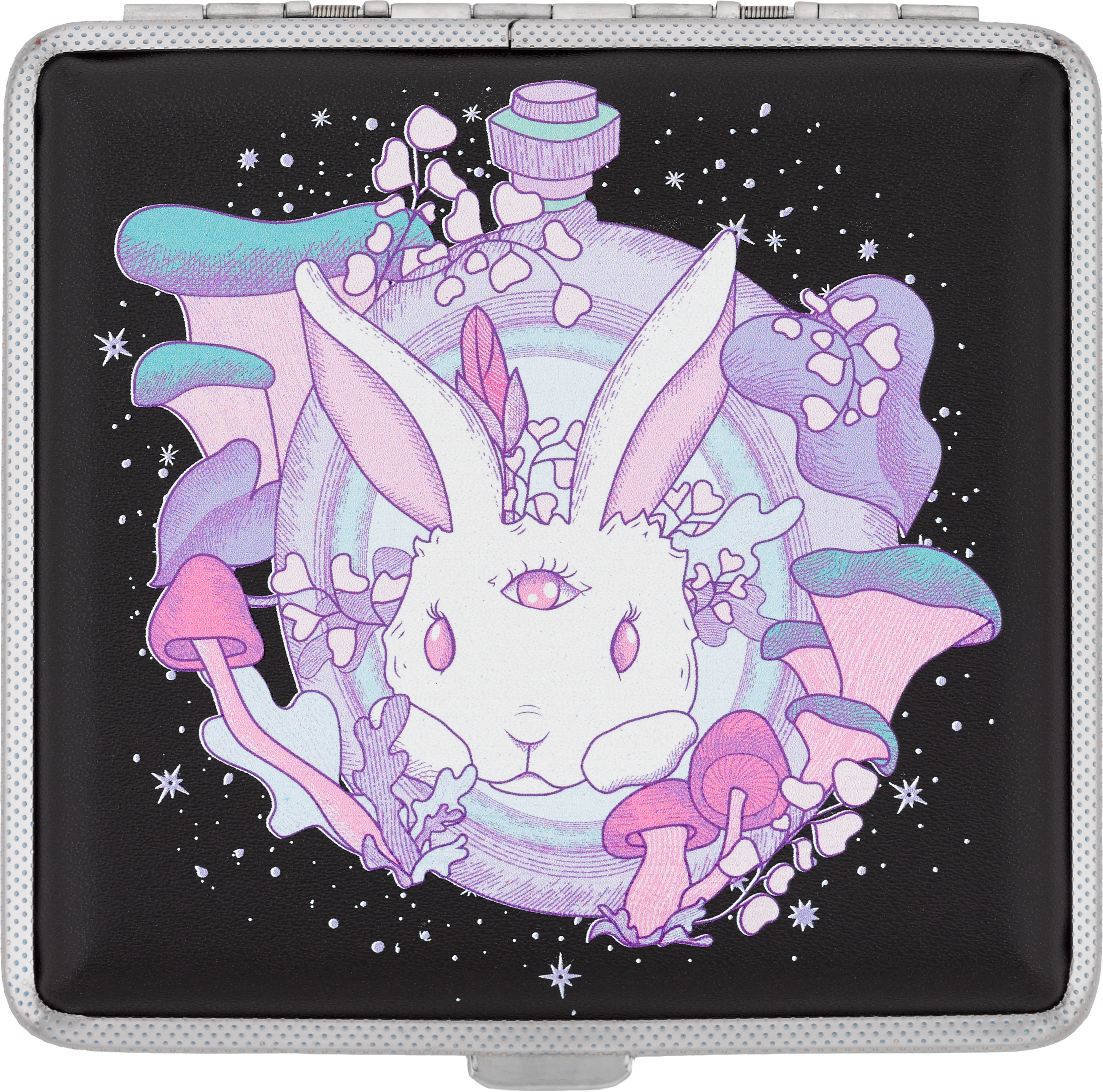 Follow the White Rabbit stash case by Ella, pastel psychedelic bunny on black case