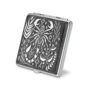 Black Glitter Scorpio Rising stash case by Cannabitches, closed black case with floral art