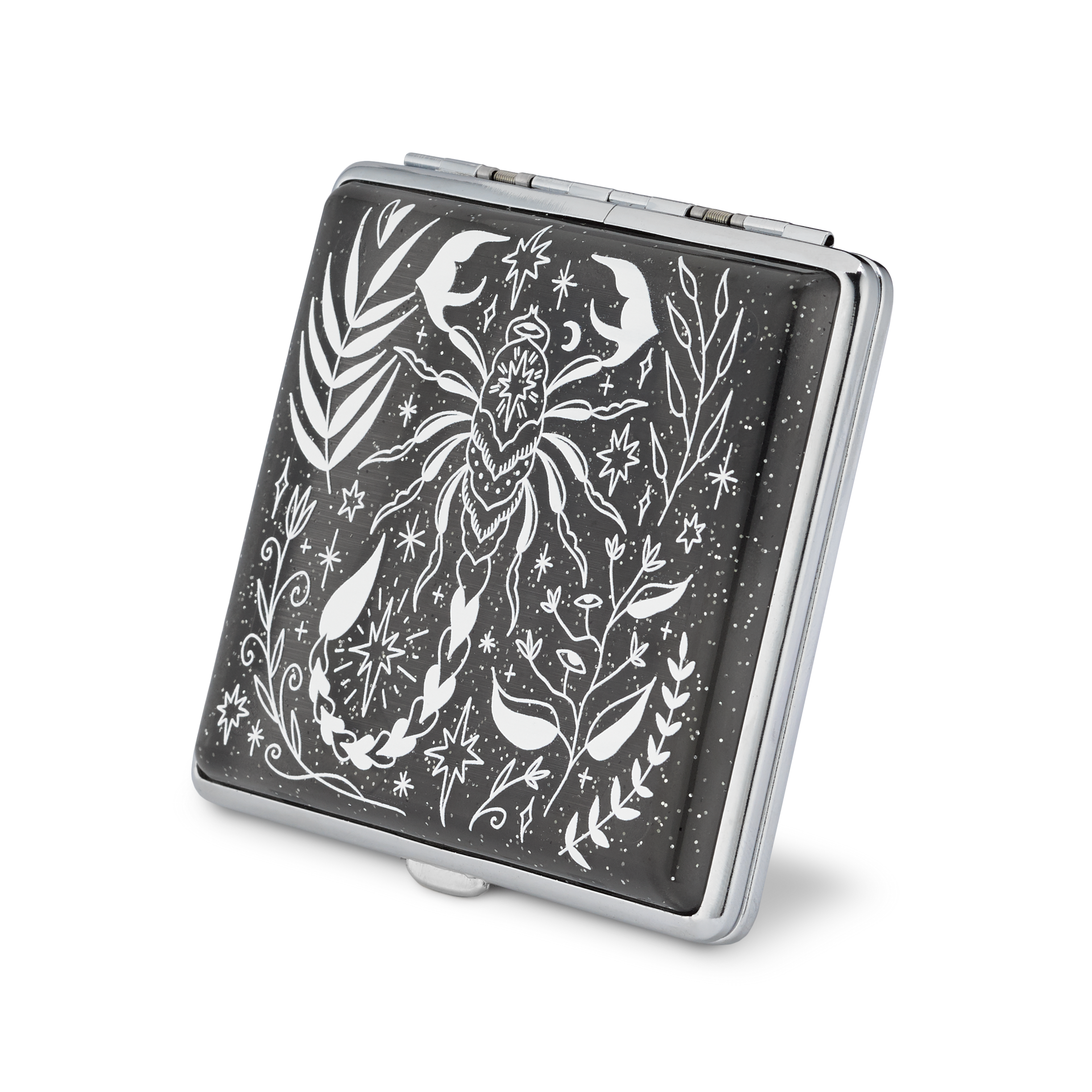 Black Glitter Scorpio Rising stash case by Cannabitches, closed black case with floral art