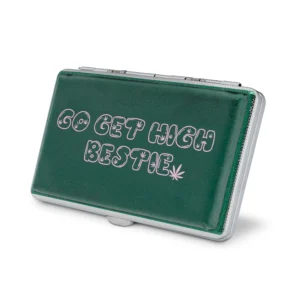 Go Get High Bestie green faux leather stash case by Em Hashh, closed with embossed text