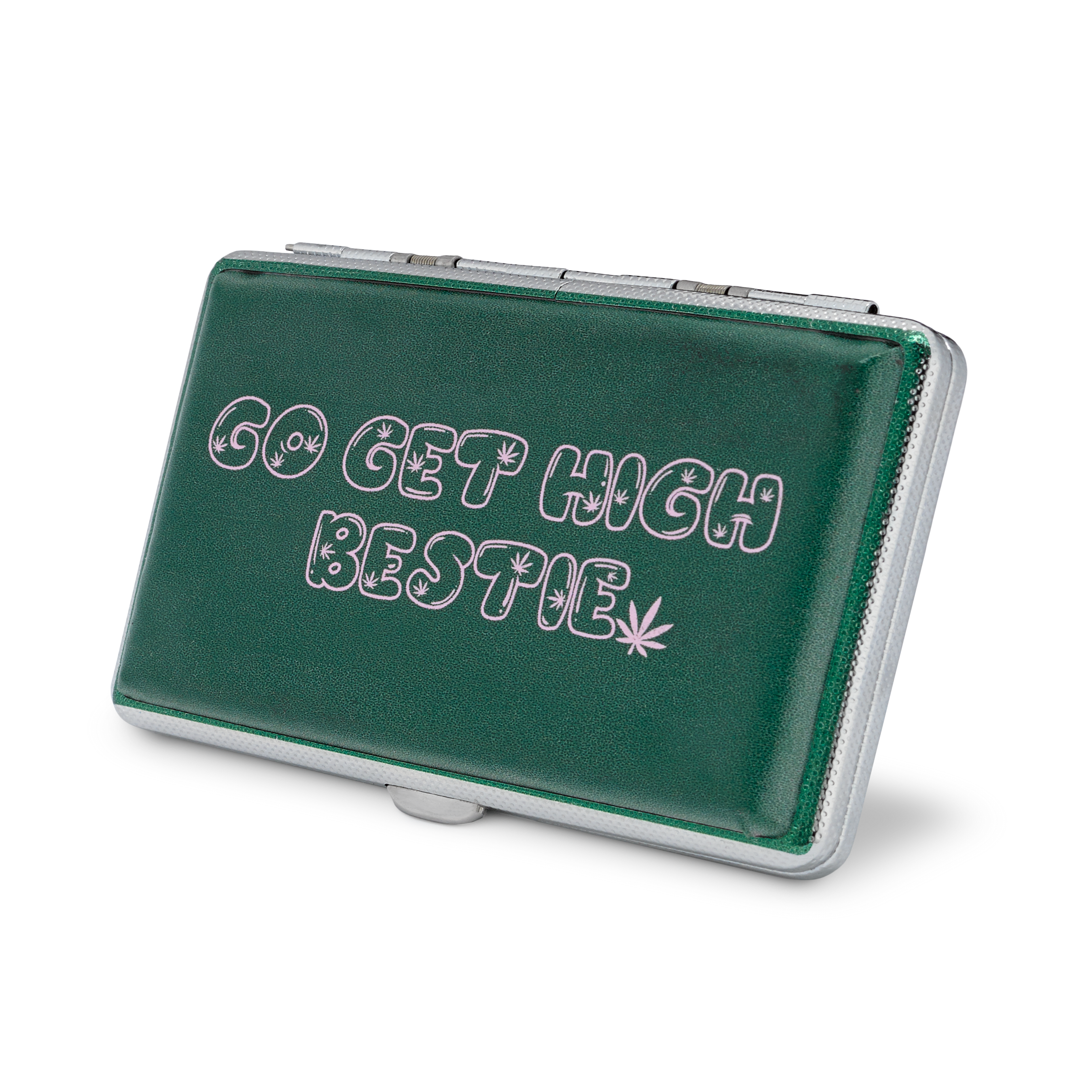 Go Get High Bestie green faux leather stash case by Em Hashh, closed with embossed text