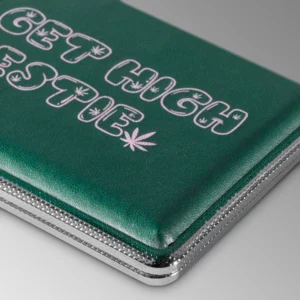 Go Get High Bestie green stash case by Em Hashh, close-up of embossed lettering