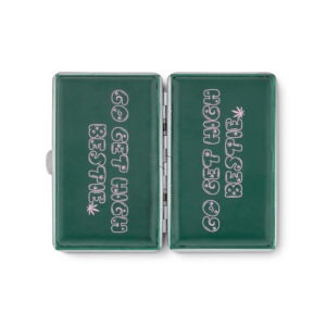 Go Get High Bestie green stash case by Em Hashh, open showing both embossed panels