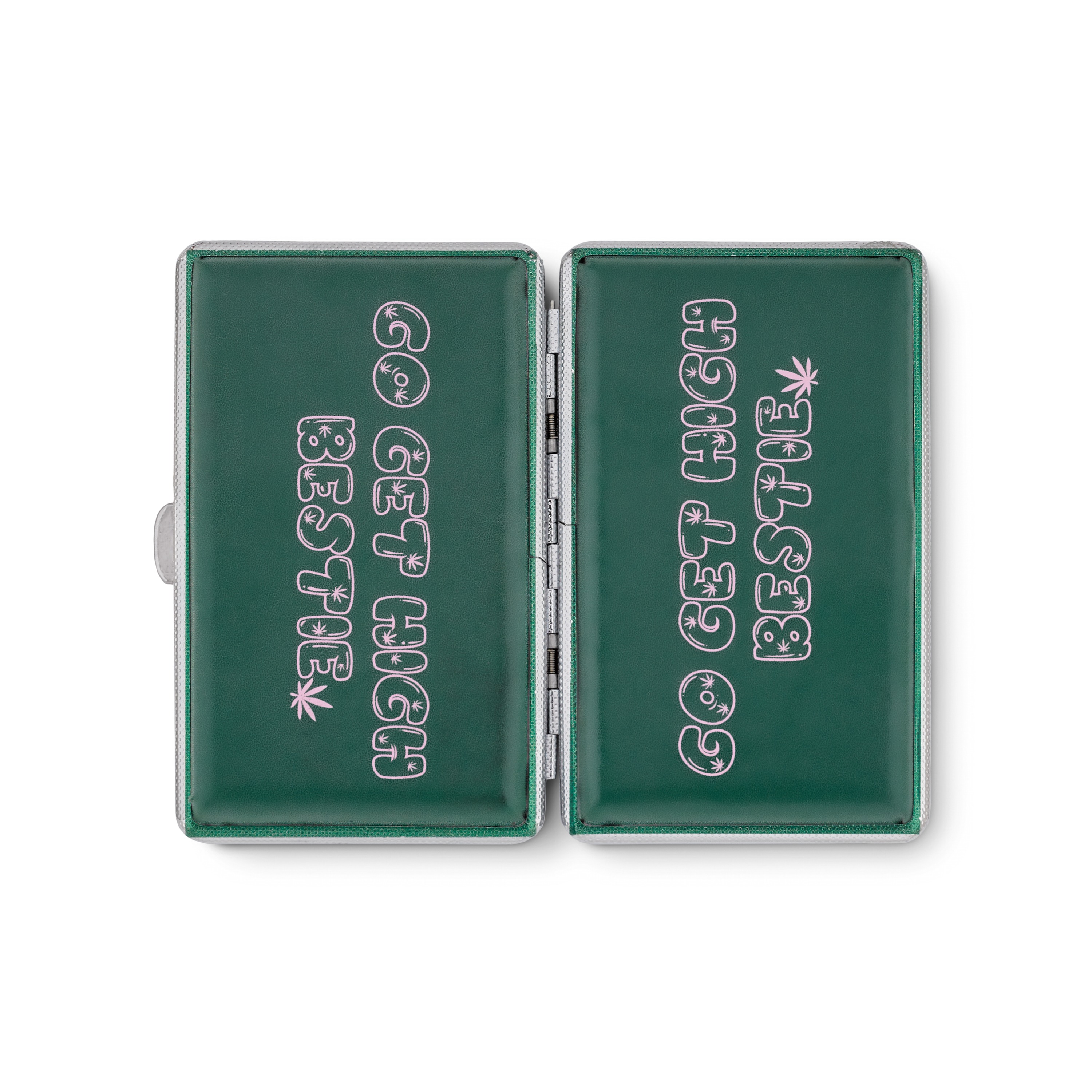 Go Get High Bestie green stash case by Em Hashh, open showing both embossed panels