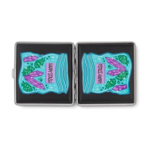 Happy stash case by Tarryn Ann, open joint case showing colorful artwork panels