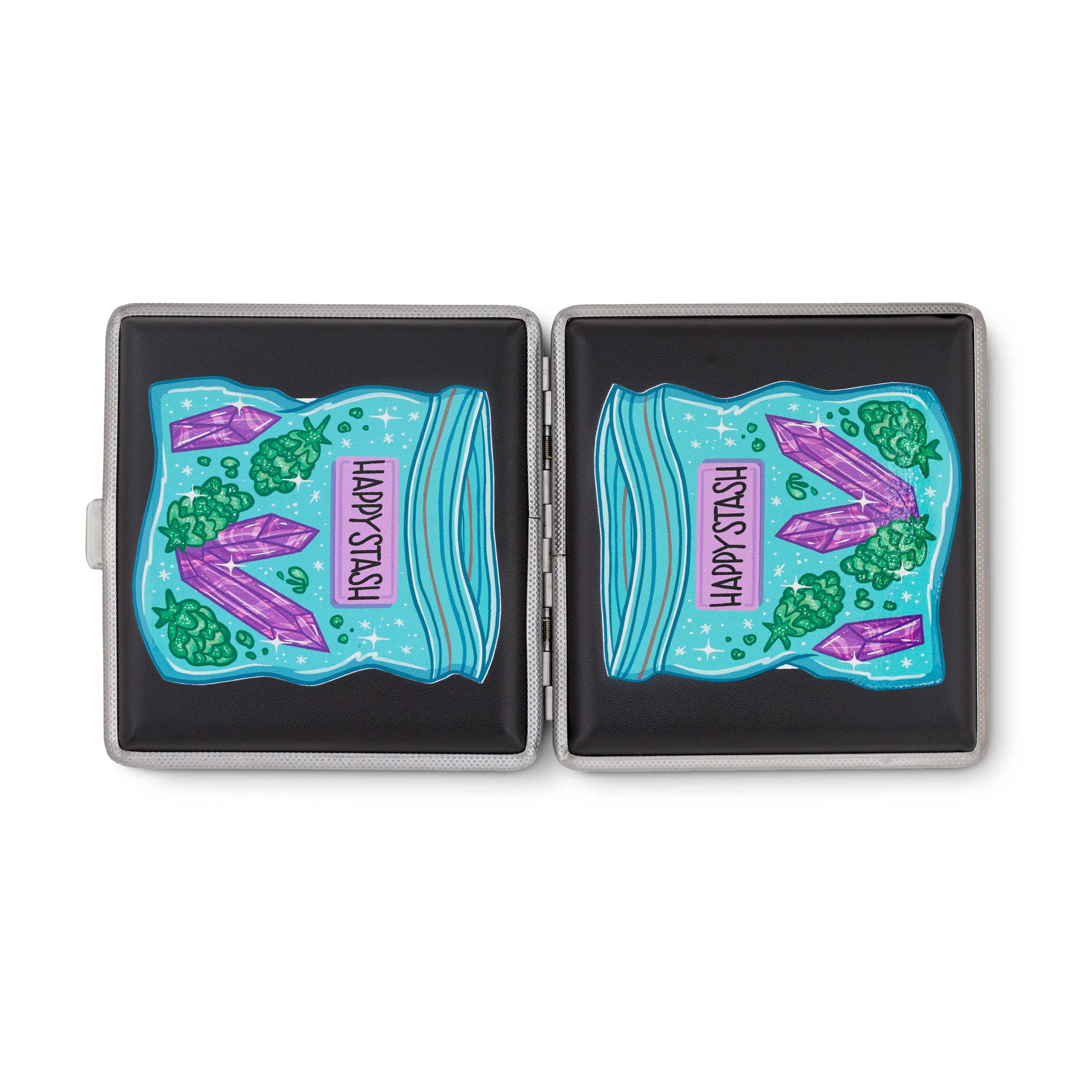 Happy stash case by Tarryn Ann, open joint case showing colorful artwork panels