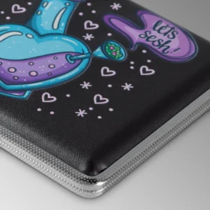 Let's Sesh stash case by Tarryn Ann, teal potion bottle art with let's sesh text