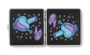 Let's Sesh stash case by Tarryn Ann, open joint case with potion artwork panels