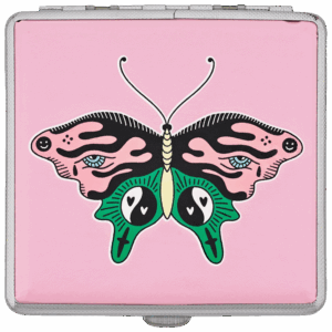 Pink Butterfly joint case by Cannabitches, pink stash case with flame butterfly art
