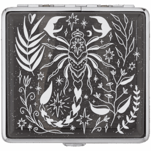 Black Glitter Scorpio Rising stash case by Cannabitches with white botanical scorpion