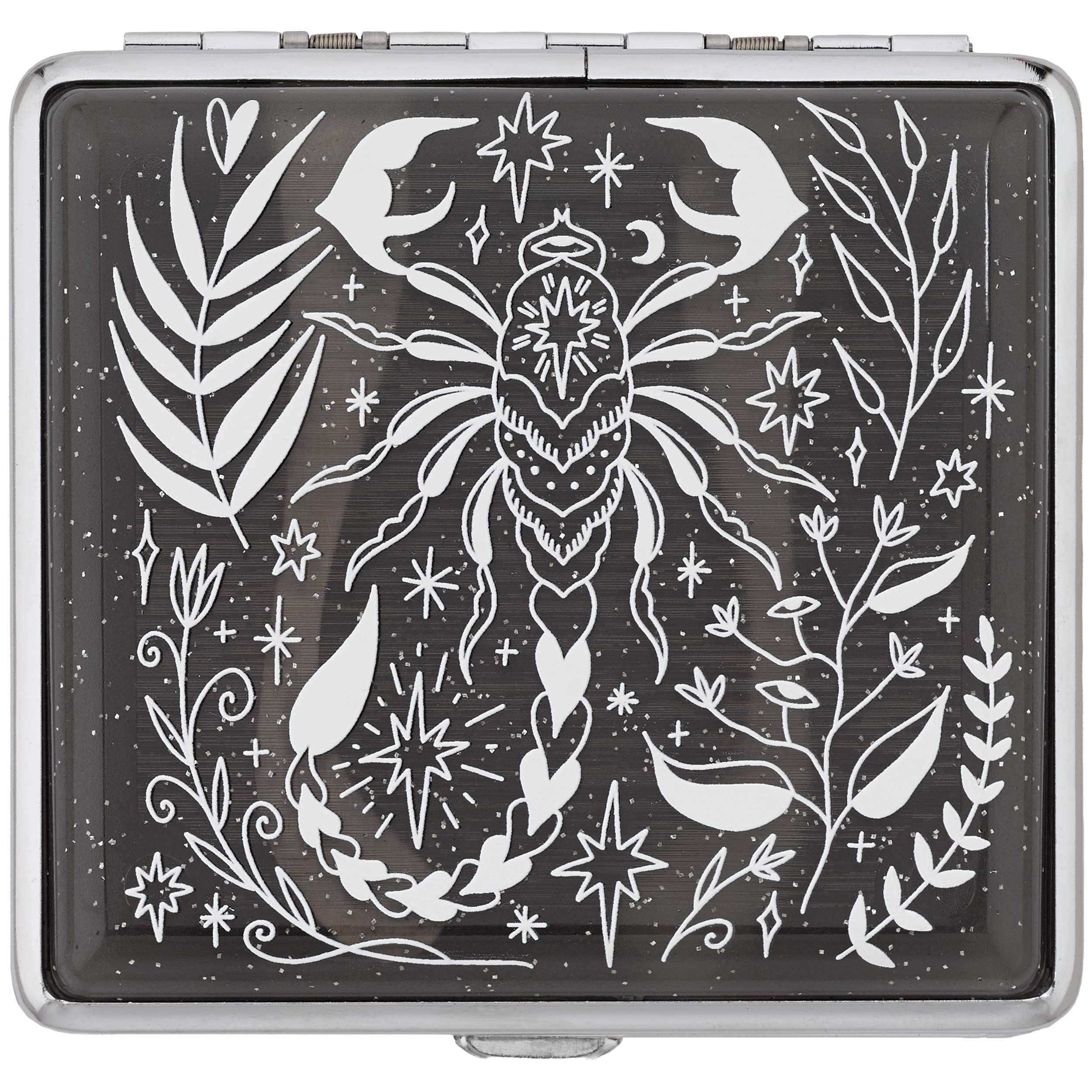Black Glitter Scorpio Rising stash case by Cannabitches with white botanical scorpion