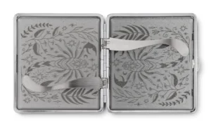 Black Glitter Scorpio Rising stash case by Cannabitches, open showing patterned interior