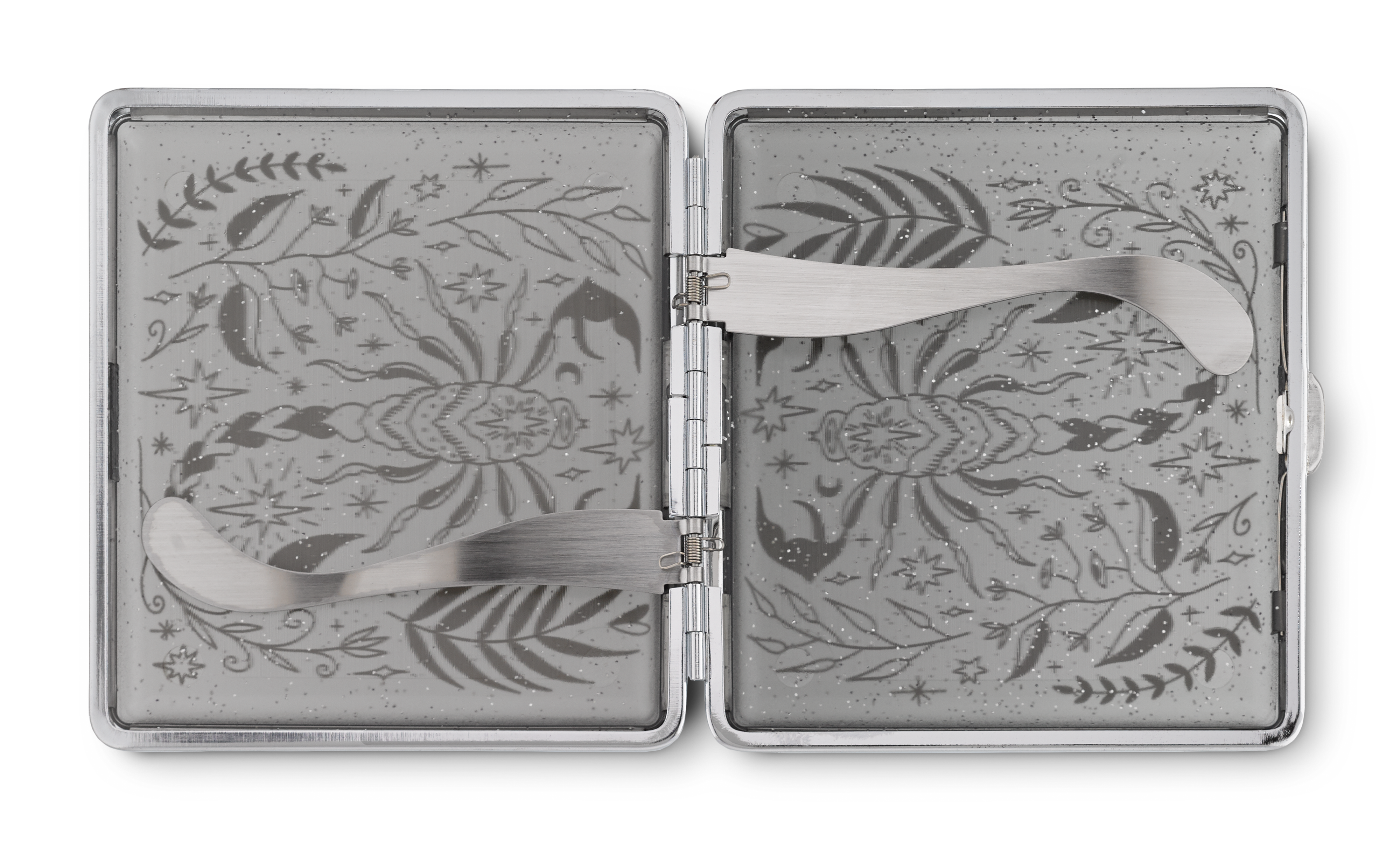 Black Glitter Scorpio Rising stash case by Cannabitches, open showing patterned interior