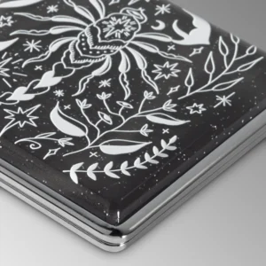 Black Glitter Scorpio Rising stash case by Cannabitches, top view of floral scorpion art