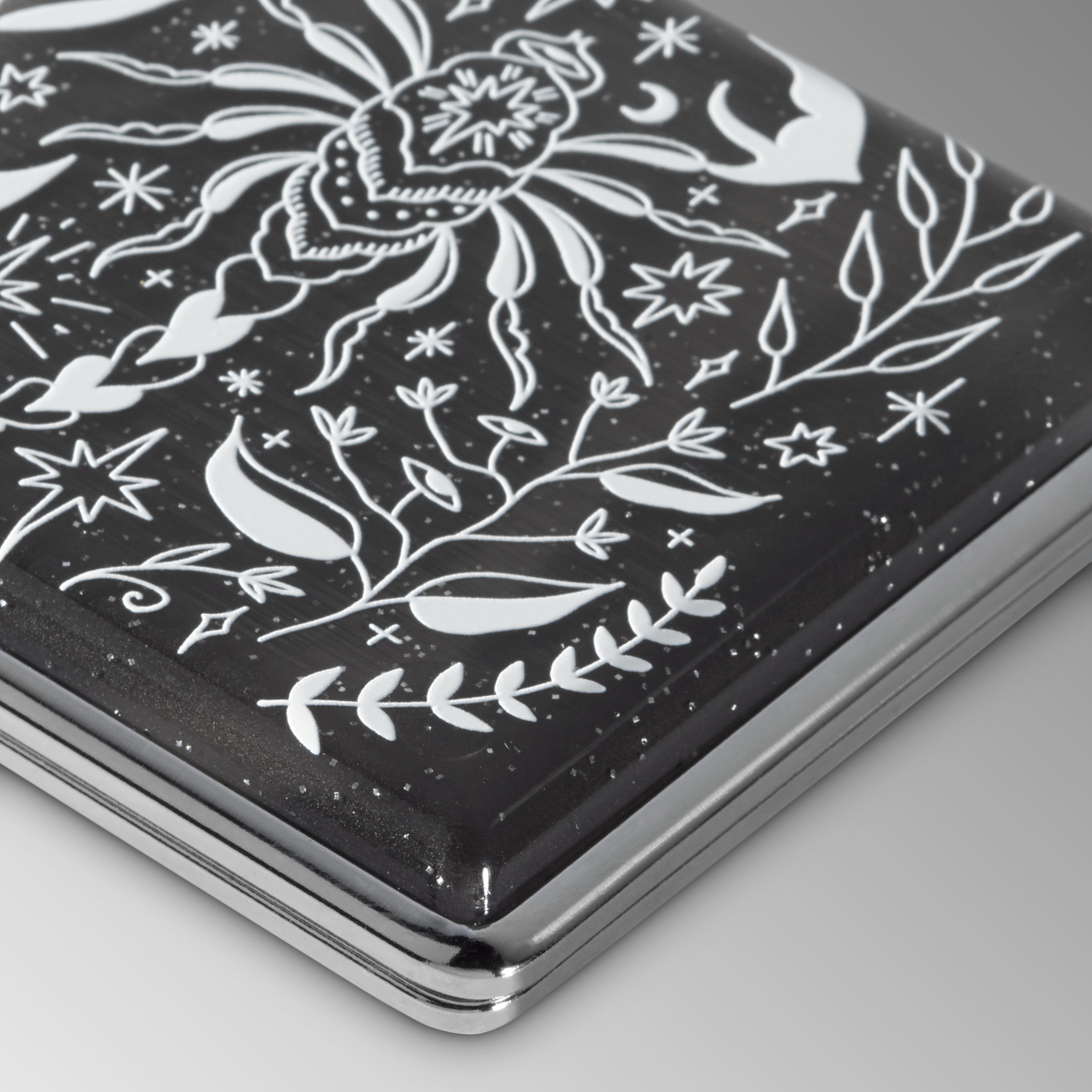 Black Glitter Scorpio Rising stash case by Cannabitches, top view of floral scorpion art
