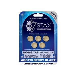 7Stax premium kratom alkaloid tablets in arctic berry blast, holiday drop, blue pack
