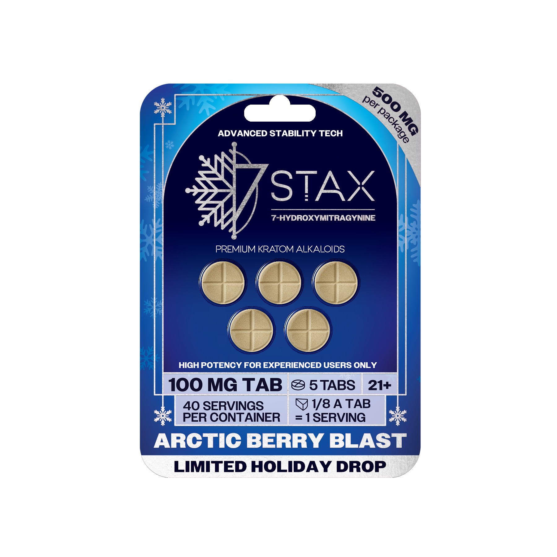 7Stax premium kratom alkaloid tablets in arctic berry blast, holiday drop, blue pack