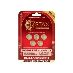 7Stax premium kratom alkaloid tablets in blizzard berry, limited holiday drop, red pack