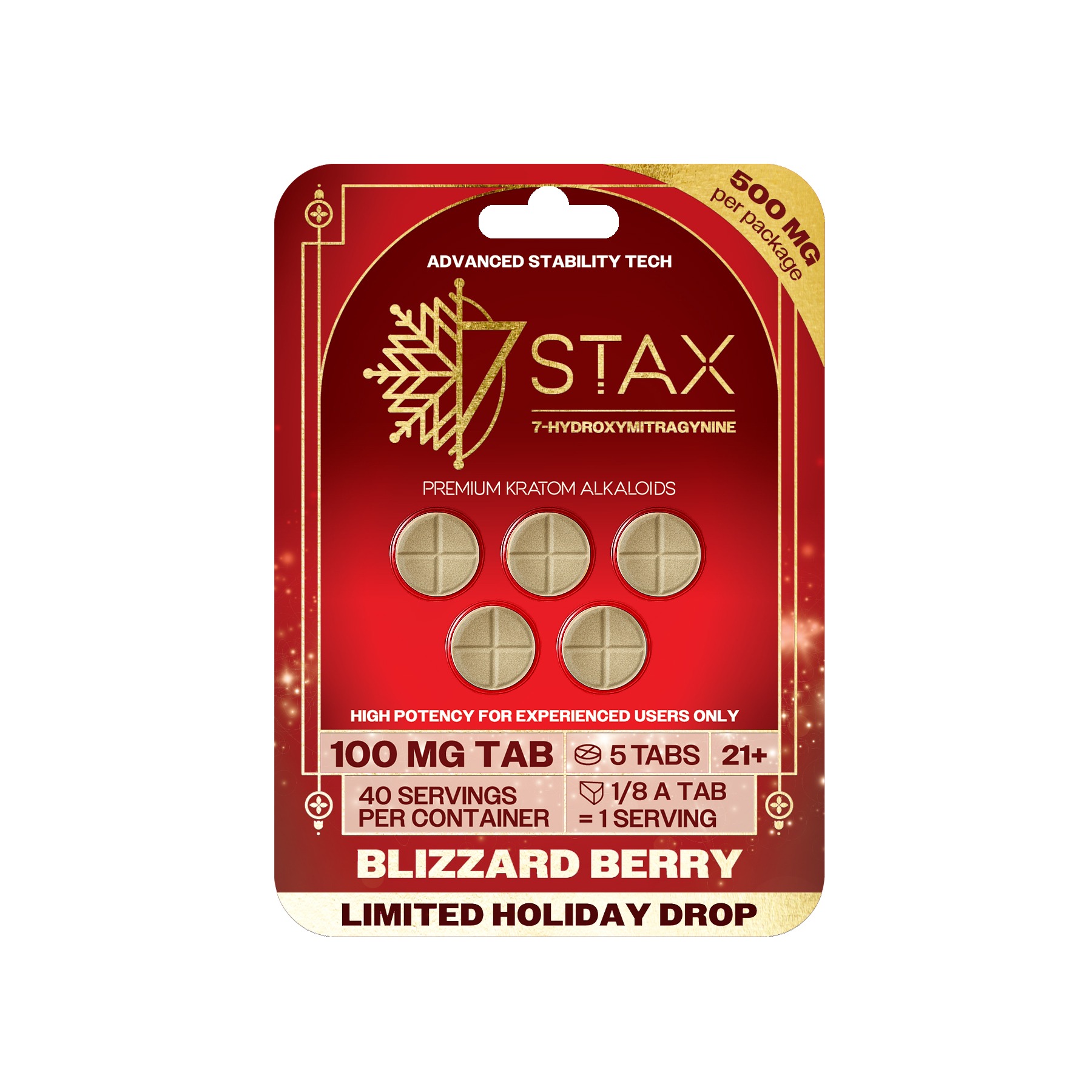 7Stax premium kratom alkaloid tablets in blizzard berry, limited holiday drop, red pack