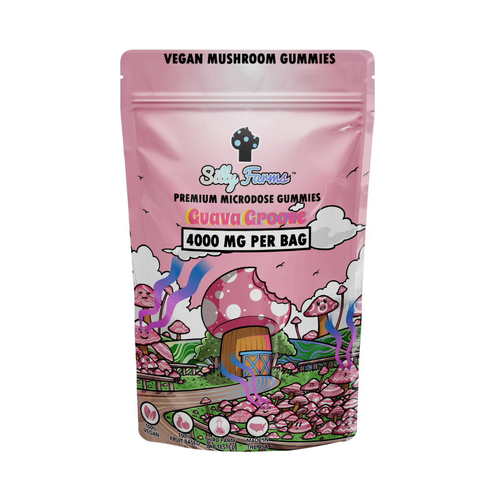 Silly Farms magic mushroom gummies in guava groove, 4000mg pink pouch