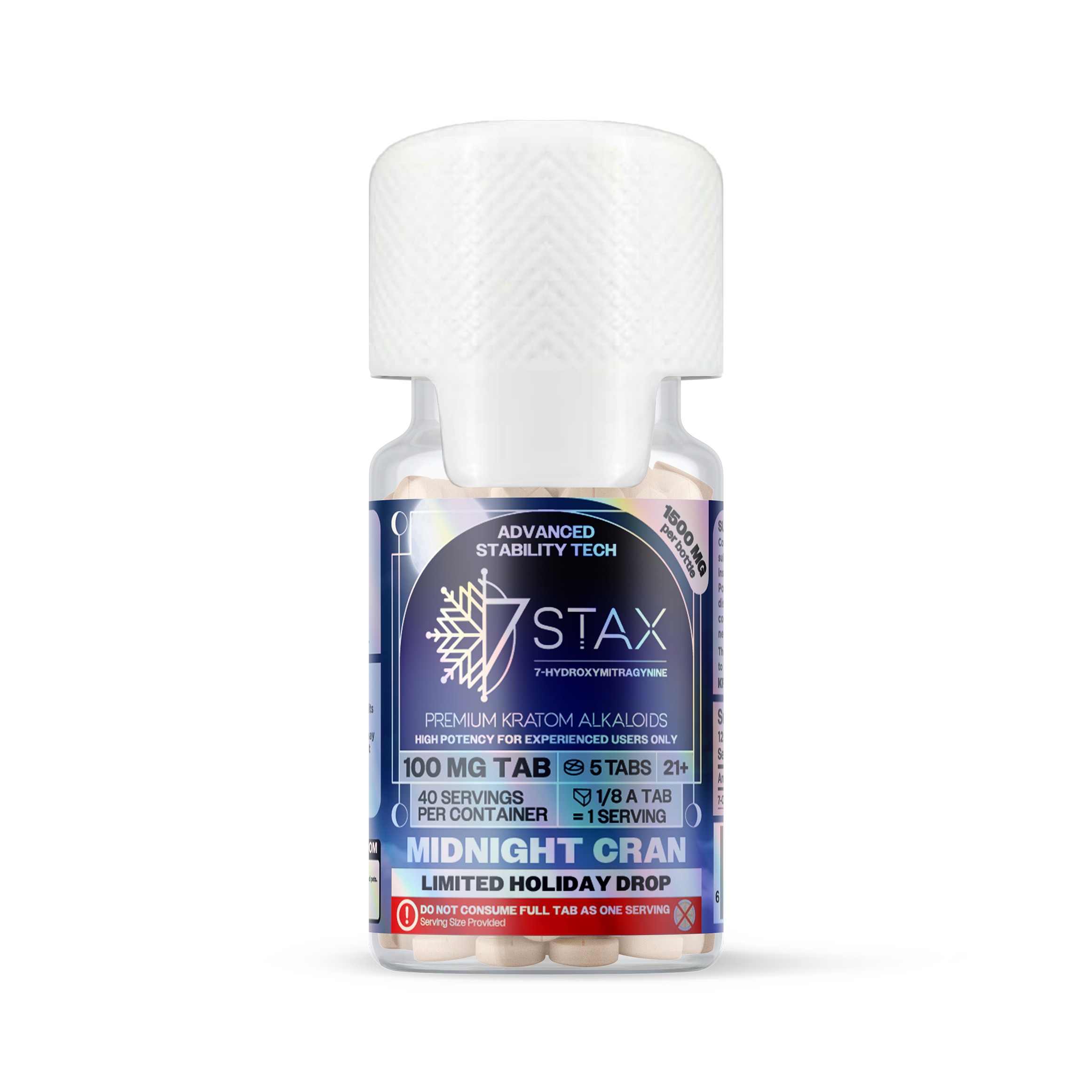 7Stax premium 7-OH kratom tablets in midnight cran, holiday drop, 1500mg bottle