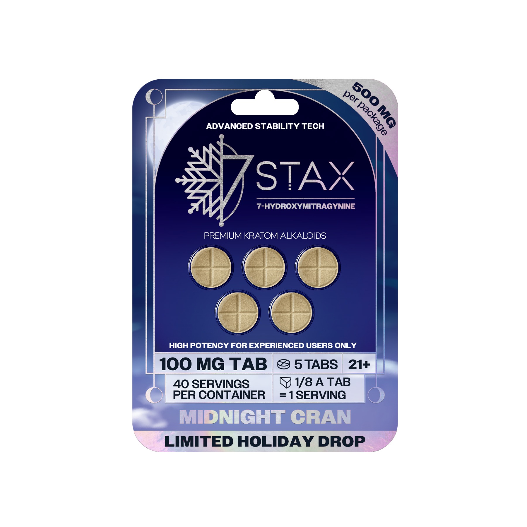 7Stax premium kratom alkaloid tablets in midnight cran, limited holiday drop, blue pack