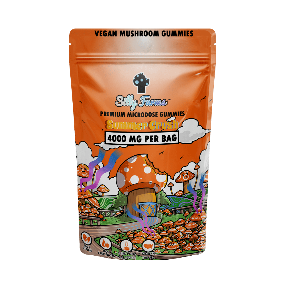 Silly Farms magic mushroom gummies in summer crush, 4000mg orange pouch