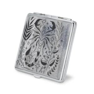 Scorpio clear glitter zodiac joint case by Cannabitches, silver case with scorpion art
