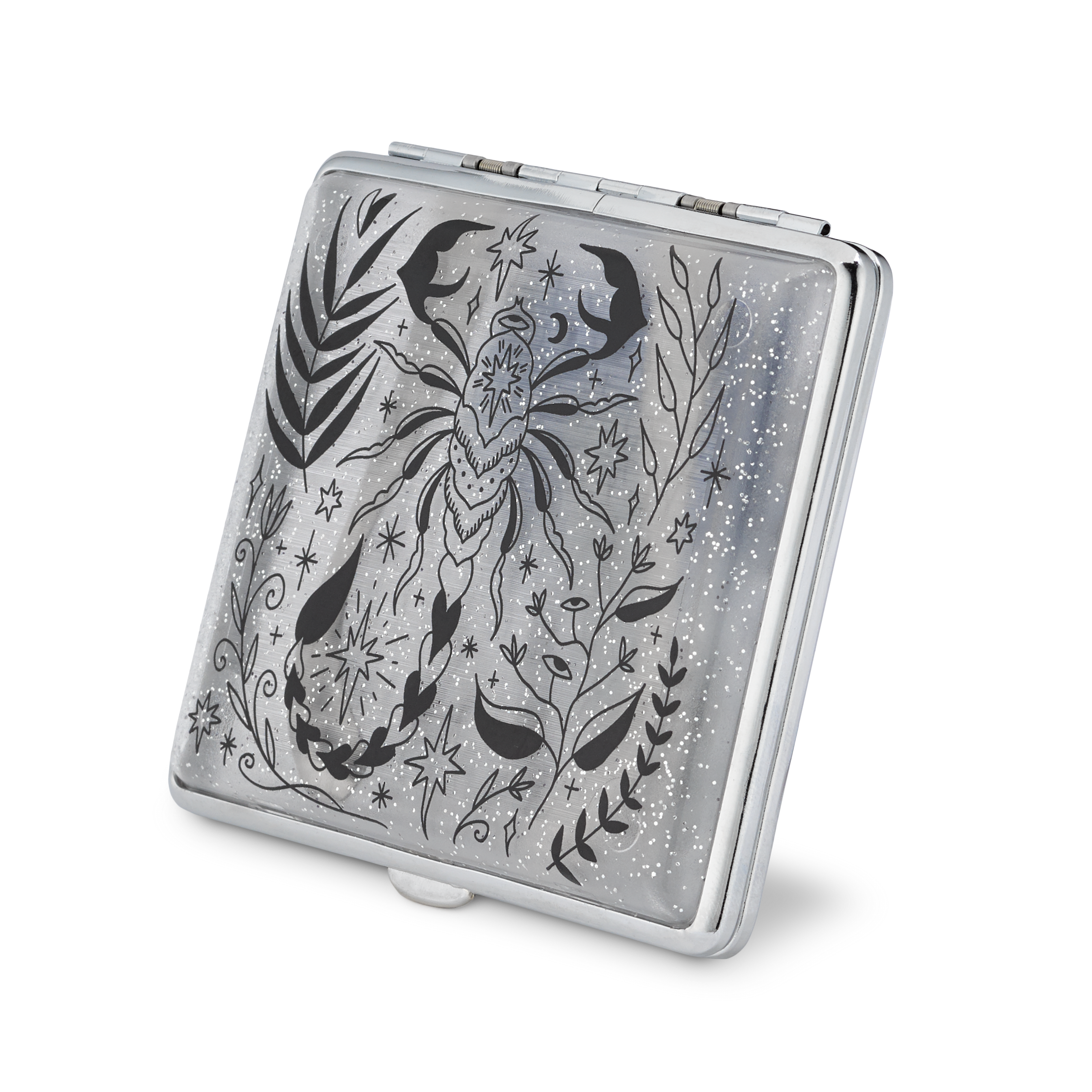 Scorpio clear glitter zodiac joint case by Cannabitches, silver case with scorpion art