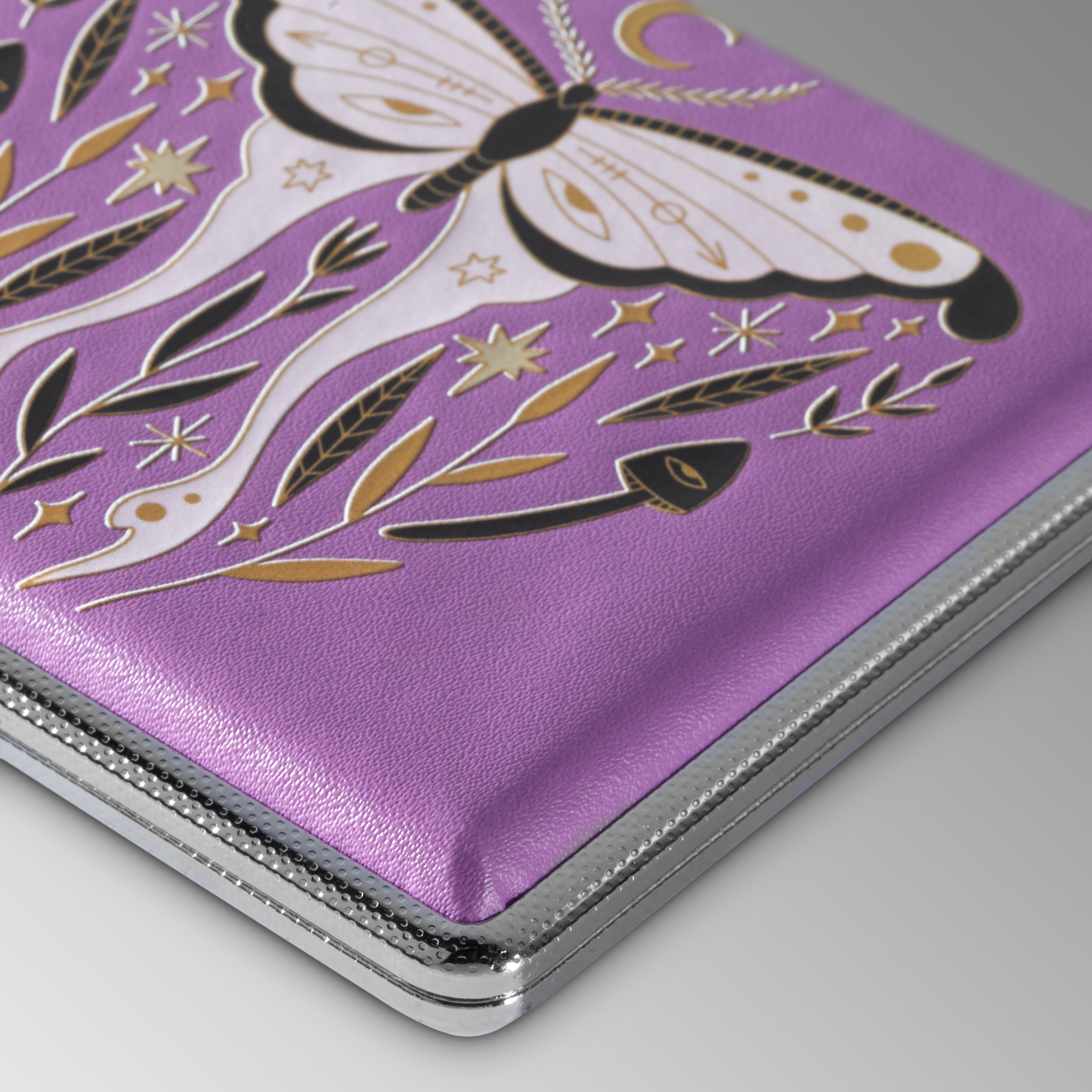 Luna Moth purple moon witch joint case by Cannabitches, angled lid with moth art