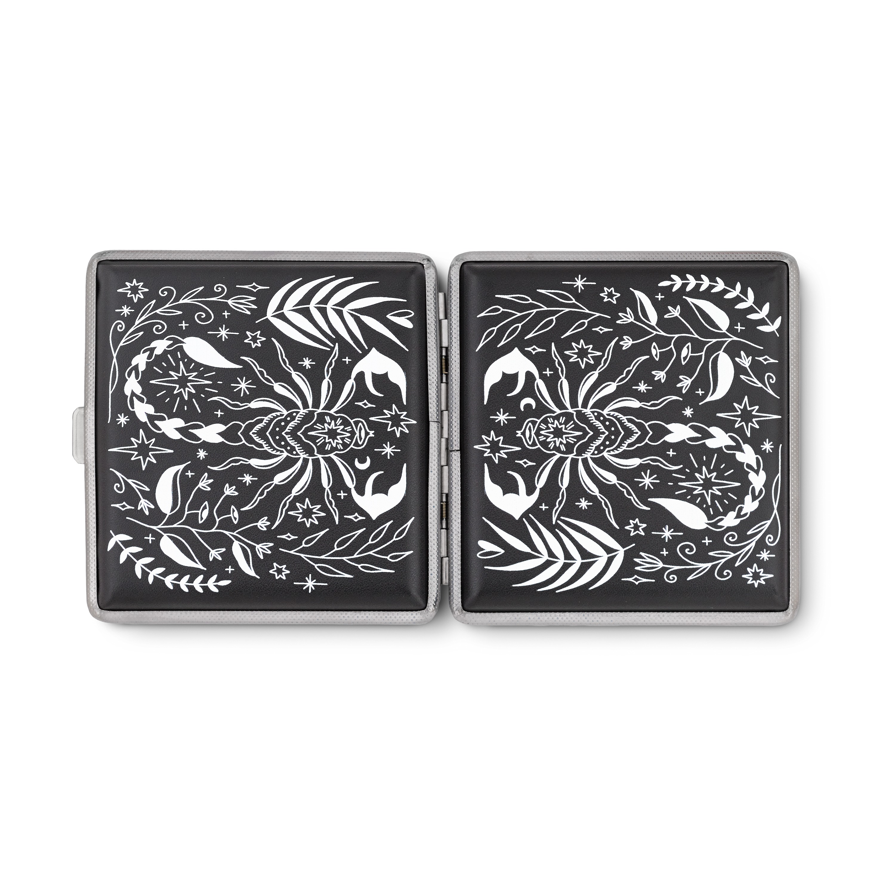 Scorpio Rising black astrology joint case by Cannabitches, open with engraved panels