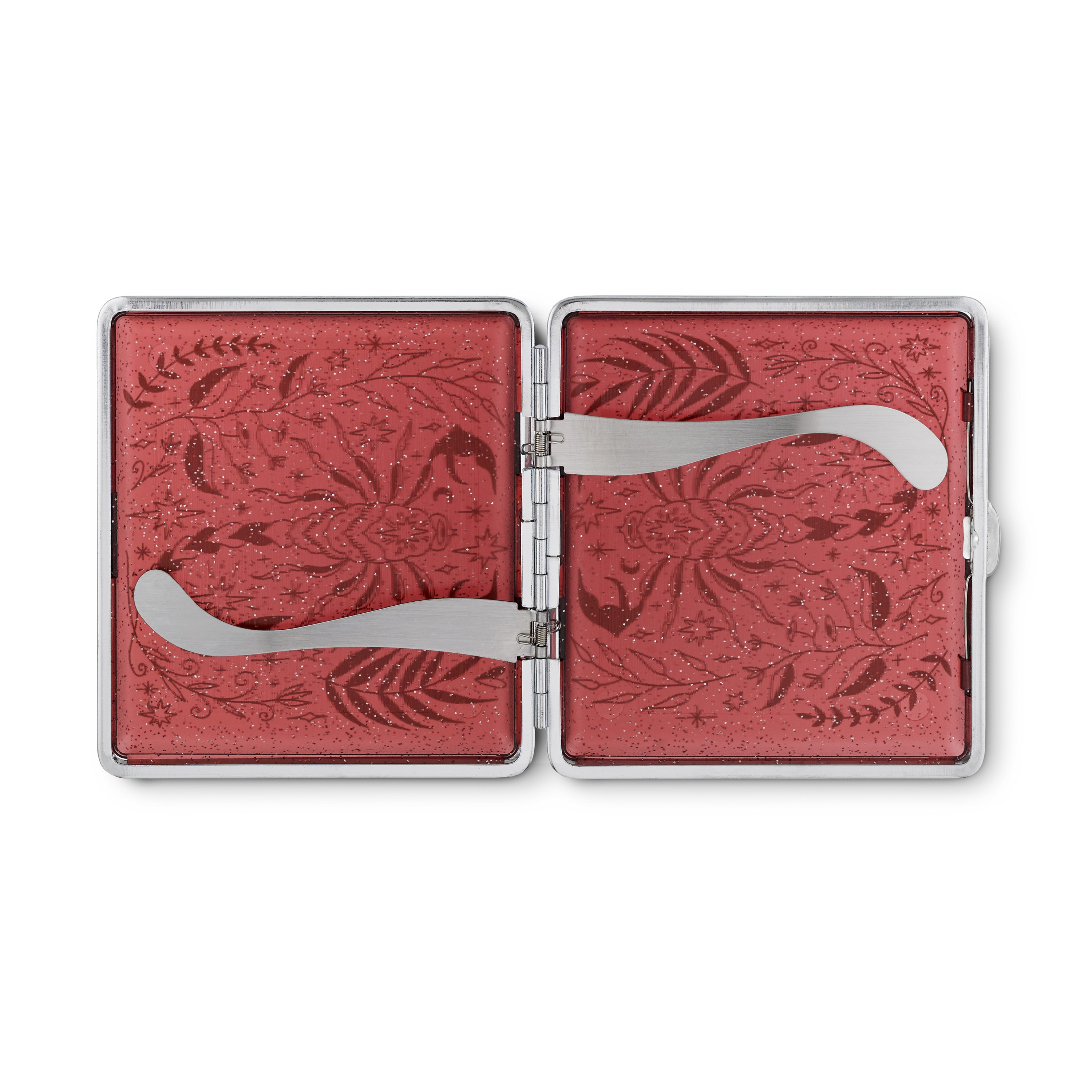 Scorpio red glitter zodiac joint case by Cannabitches, angled view of glitter lid