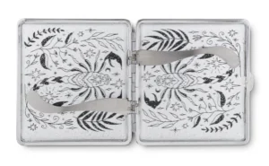 Scorpio clear glitter zodiac joint case by Cannabitches, open showing patterned interior