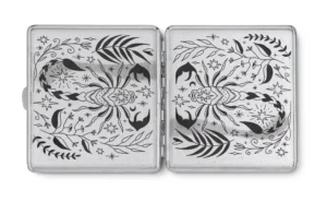 Scorpio clear glitter zodiac joint case by Cannabitches, open with engraved panels