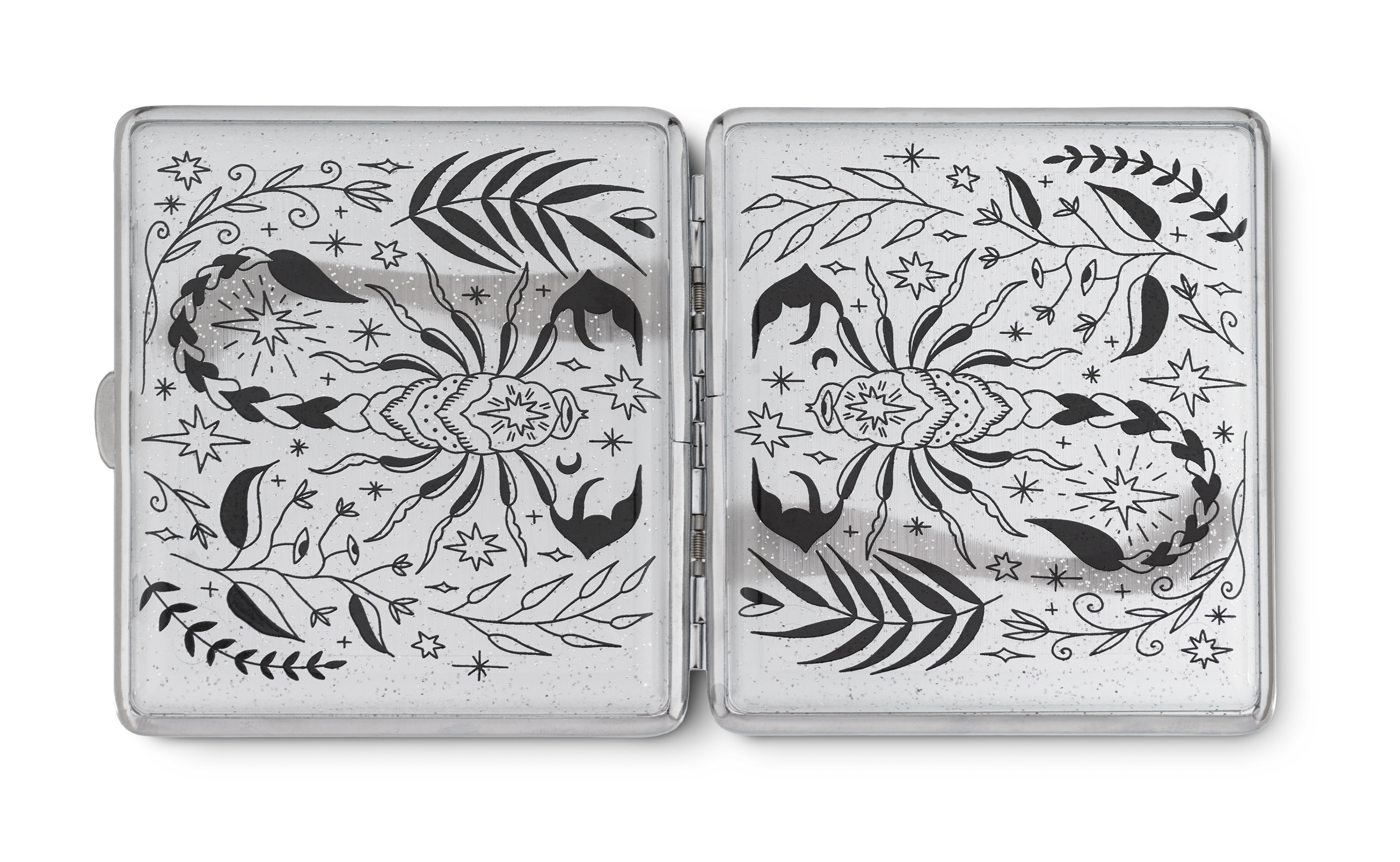 Scorpio clear glitter zodiac joint case by Cannabitches, open with engraved panels