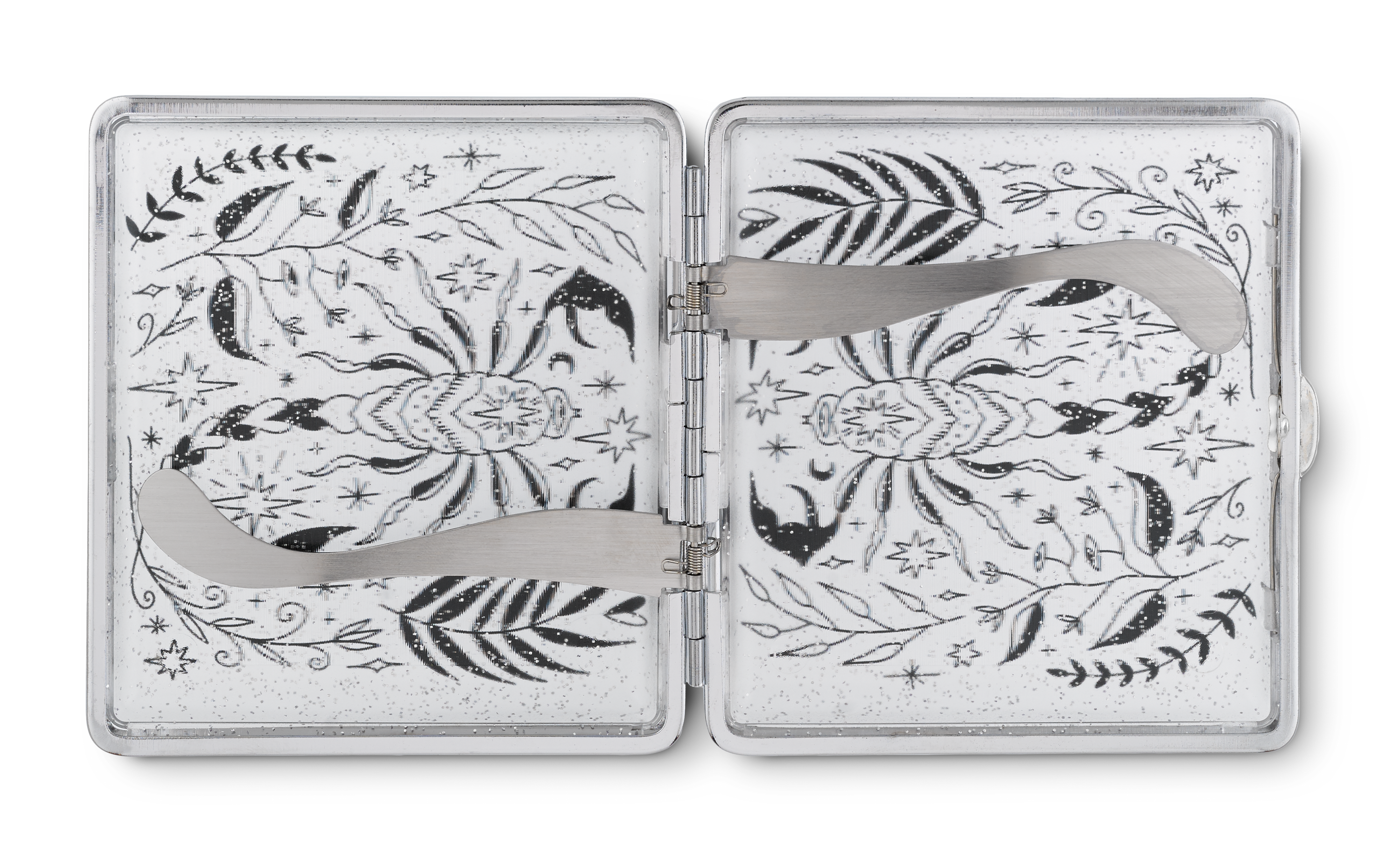 Scorpio clear glitter zodiac joint case by Cannabitches, open showing patterned interior
